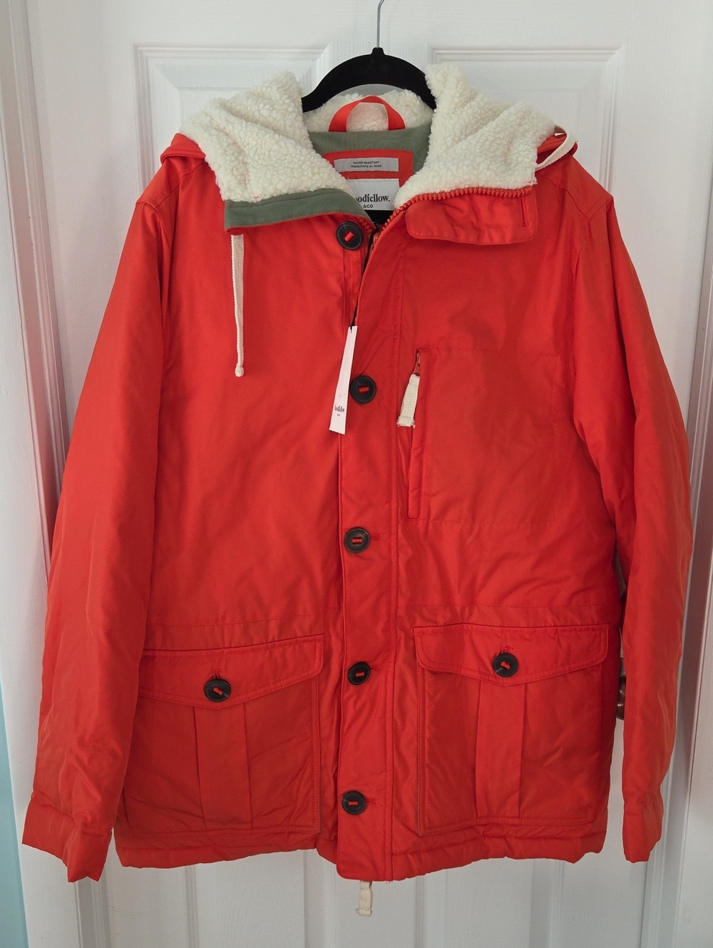 Goodfellow & Co Men’s L Orange Hooded Water Resistant Sherpa Parka Jacket NWT